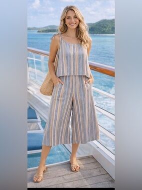 Gypsy Warrior Striped Blue & Beige Wide-Leg Jumpsuit